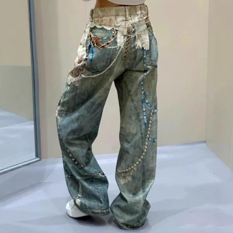 Womens Vintage Lace Pearl Chain Print Denim Jeans High Waist Straight Leg Wide Drop Crotch Pants