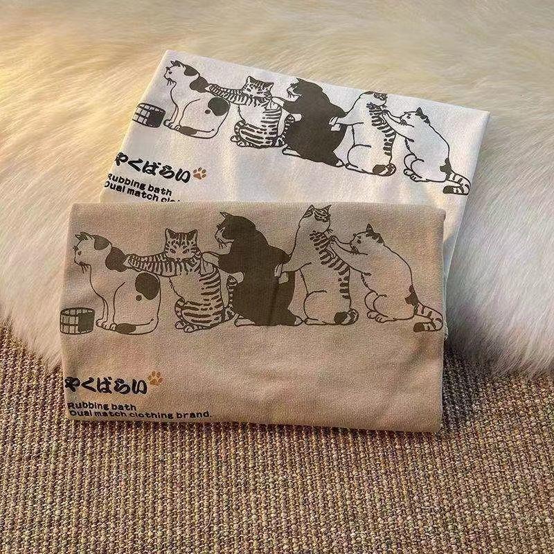 Летняя маленькая свежая футболка с короткими рукавами для мужчин и женщин, брендовая футболка Tide в стиле ретро, ​​футболка с короткими рукавами и принтом кота