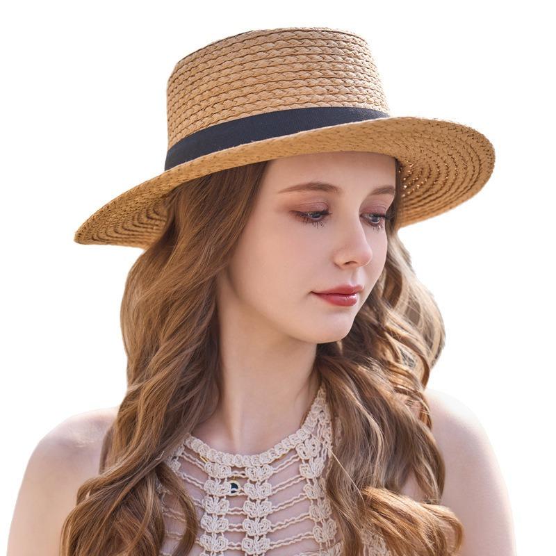 Top Hat British Fashion Flat Brim Hat Flat Top Straw Hat Seaside Beach Shade Sun Hat