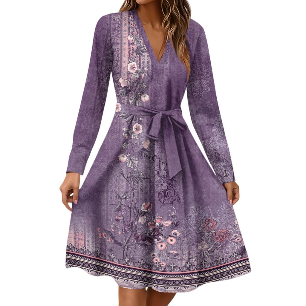 Women's Fashion Casual V-Neck Long Sleeve Waist Floral Print Midi Dress