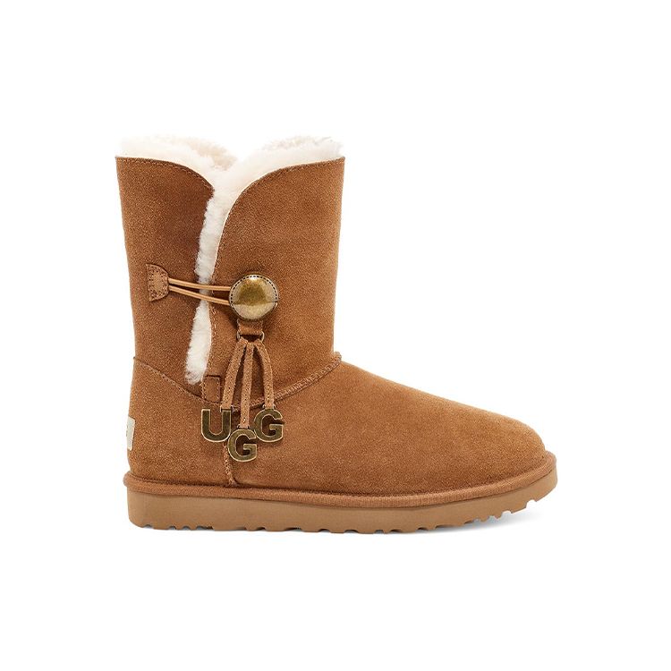 UGG Bailey Button Charm Suede Warm Non-Slip Metal Letter Comfortable Mid-Calf Snow Boots Women Boots Brown 1114970-CHE