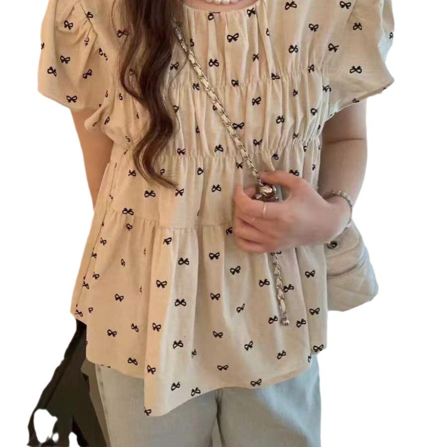 French Retro Bow Puff Sleeve Pleated Top