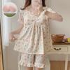 "Women's Summer Pajama Set with Chest Pads: Wrinkle-Resistant, Short Sleeves, Korean-Style, Sweet & Cute"