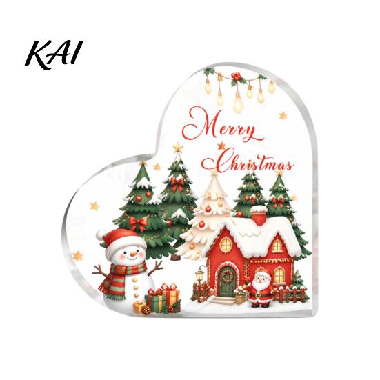 Santa Claus Desktop Ornaments Heart Shaped Acrylic Christmas Tabletop Sign, 2D Winter Snow Scene Ornament Festive Fireplace Display with Santa,
