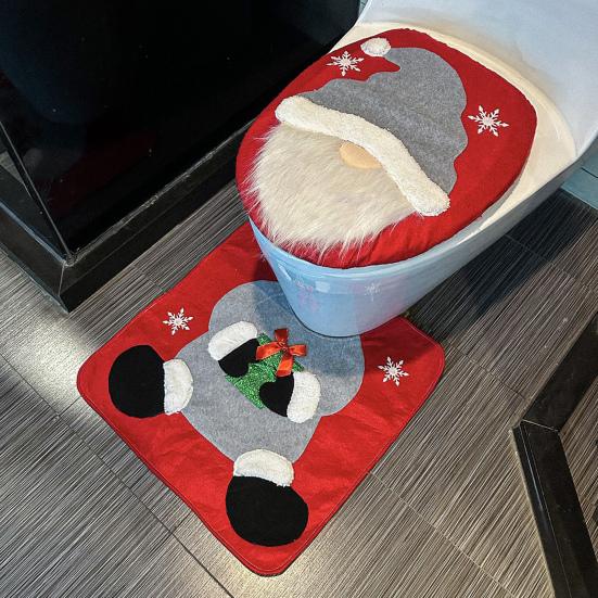 Yousheng Santa Toilet Seat Cover 2-Piece Christmas Bathroom Set Santa Claus Toilet Seat Cover And Mat Set for New Year Indoor Bathroom Decor