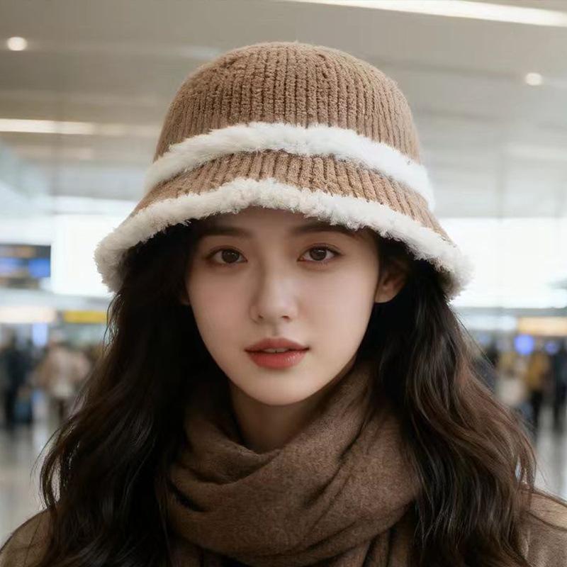 Versatile basin hat Korean face small bucket hat plain striped knitted bucket hat tide