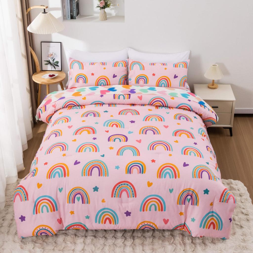 Rainbow Single Duvet Cover with Pillowcase, Girls Single Duvet Cover Bedding Single Bed Childrens Duvet Covers Kids Bedding Sets