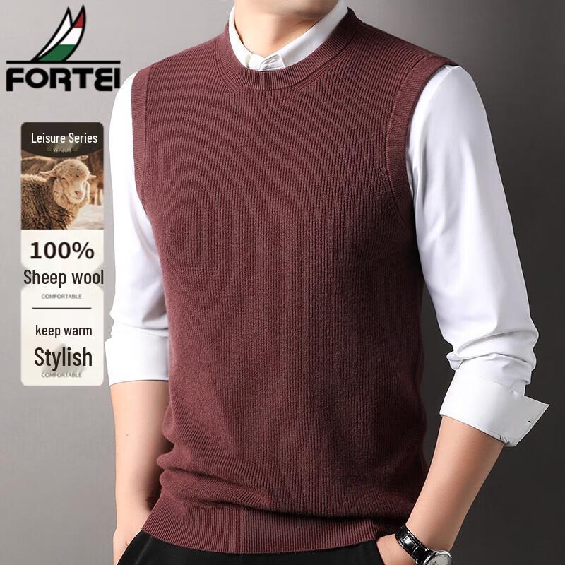 FORTEI Men's 100% Pure Wool Crew Neck Sleeveless Sweater Vest