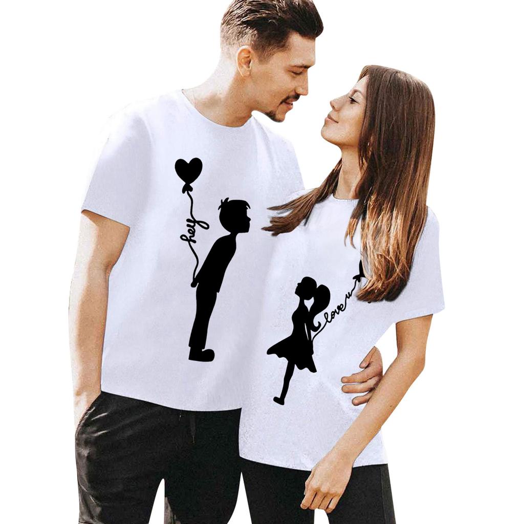 Polyester 100% Valentine's Day T-shirts for Couples, Short-sleeved, Versatile, Round-neck, Cute Printed Designs for Both Men Women