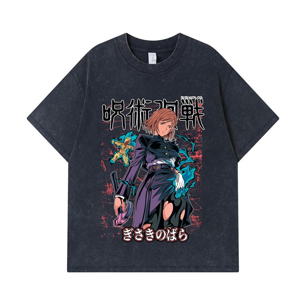 275 GSM Washed T-shirts 100% Cotton Jujutsu Kaisen V37 Nobara Print Unisex Heavy Cotton T Shirt