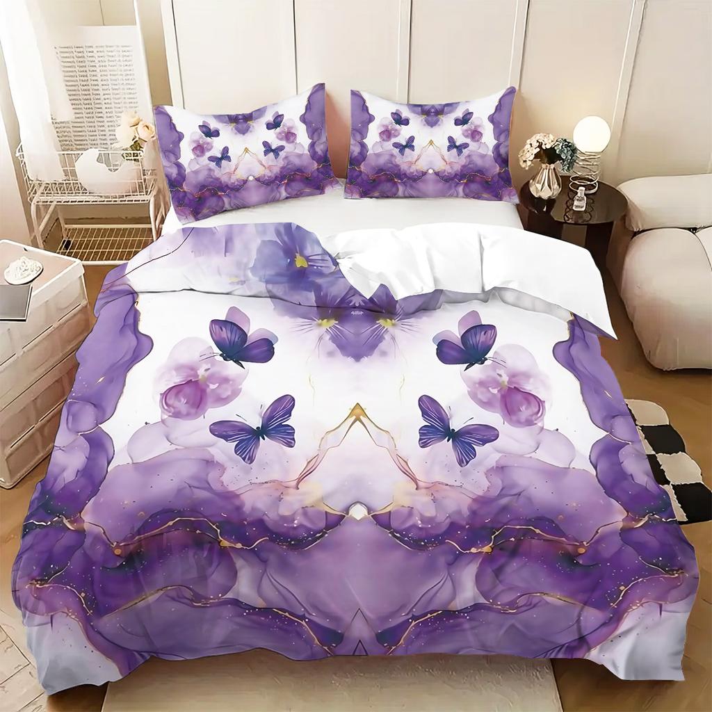 3Pcs Purple Butterfly Pattern Bedding Set, 1*Quilt Cover+2*Pillowcase, Suitable For Girls And Women Bedroom, Birthday Gift