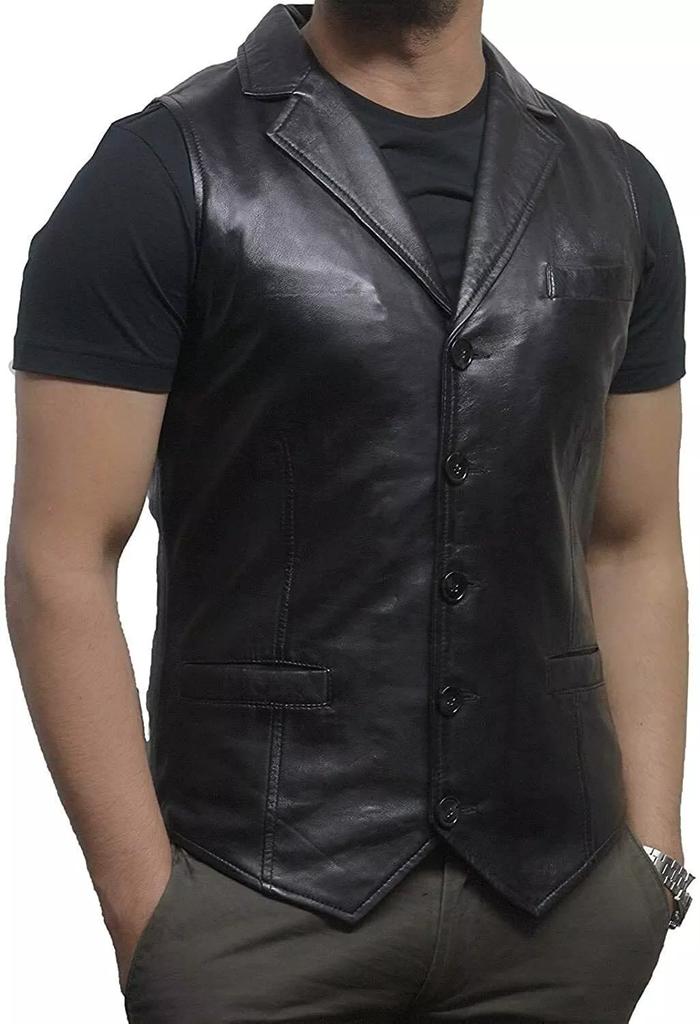 AL KHALID Waistcoat Lambskin Leather Men Button Black Western 100%Orignal Vest Coat Jacket
