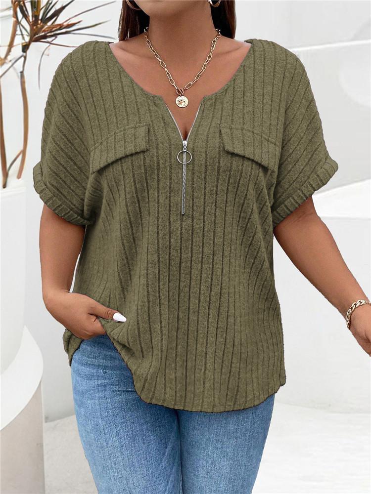 Solid Color Zipper Short Sleeve Casual Pullover T Shirt Women Loose Clothes Fashion Female Tee V-Neck Streetwear Plus Size Tops