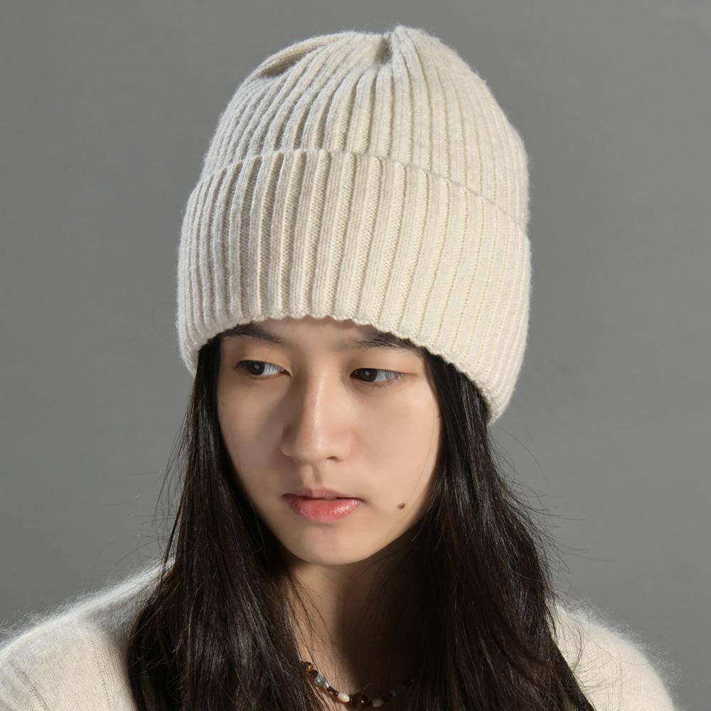 All-wool striped knitted hat European and American fashion solid color simple and versatile warm wool hat