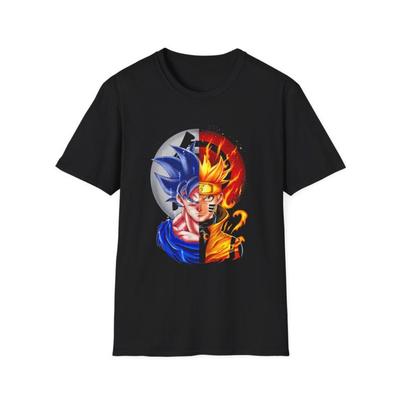Dragon Ball x Naruto Гоку Супер Сайян Синий и Наруто Узумаки Разделенный Арт Большемерная Футболка | Унисекс Аниме Кроссовер Уличная Одежда Футболка