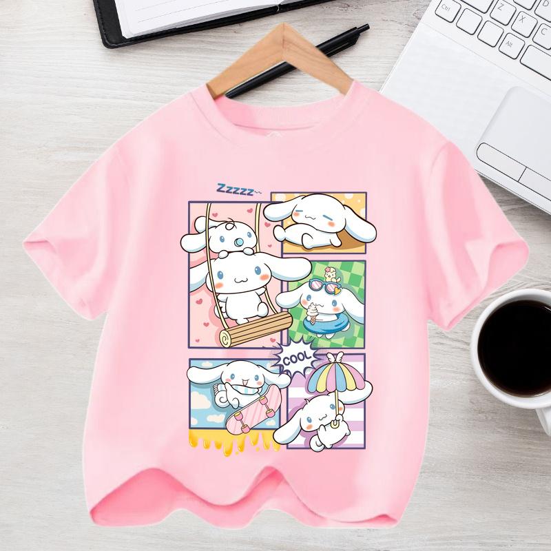 Летняя повседневная одежда 2026 Kawaii Подарок Милый Киннаморолл Девочка Футболка Хлопок Аниме Принт Футболка Детская с коротким рукавом Уличная одежда