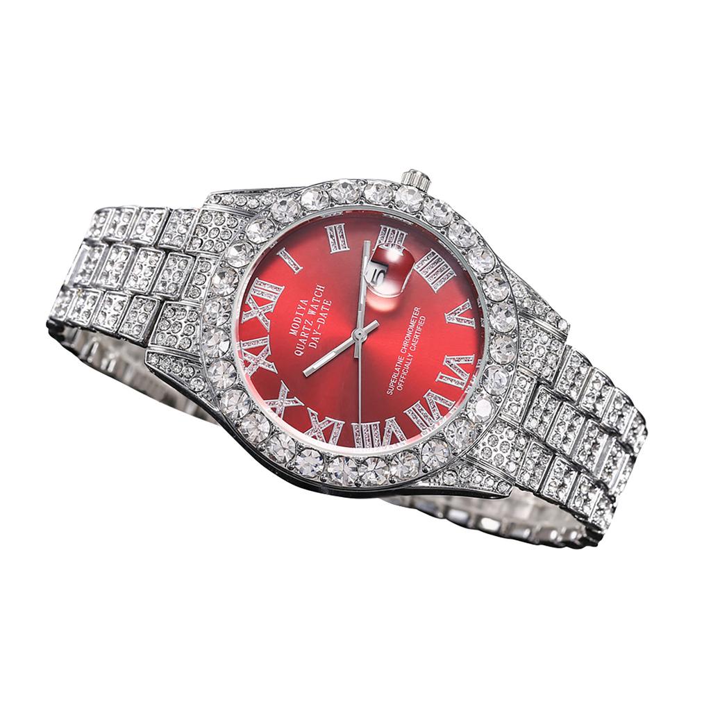 Часы с календарем из водного бриллианта и бриллиантами, римская шкала, стальной ремешок из сплава, мужские часы