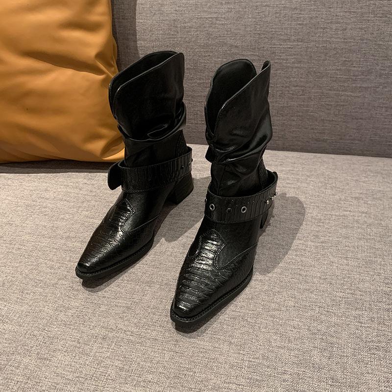 Retro Western Cowboy Boots Women's Brown Pointed Heel Belt Buckle Pile Boots Skinny Short Boots Premium Boots