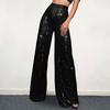 Yousheng Women Nightclub Long Pants High Waist Sparkling Sequined Straight Wide Leg Pants Elastic Waist Loose Fit Solid Color Trousers