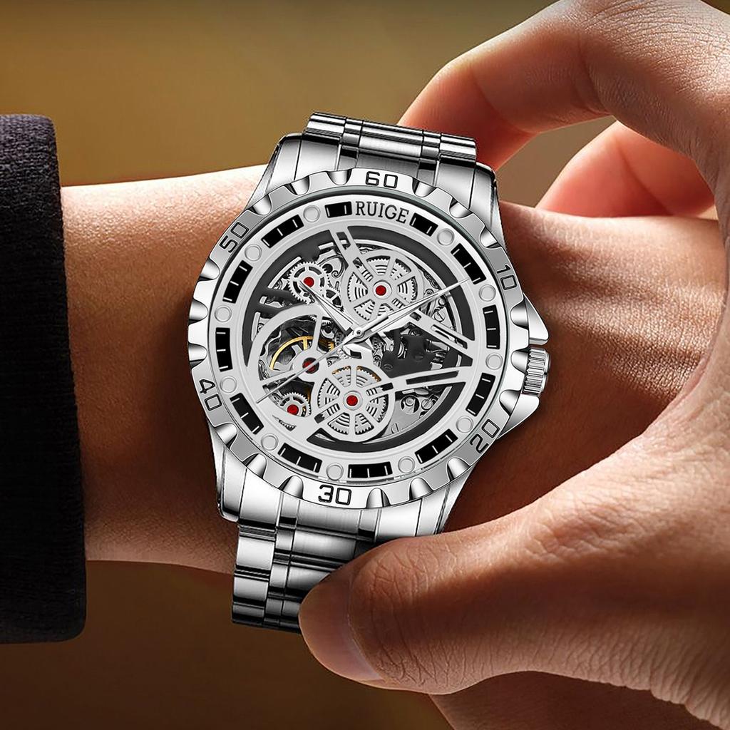 Мужские полностью автоматические механические часы с полым циферблатом, мужские светящиеся водонепроницаемые роскошные модные часы-скелетоны из нержавеющей стали