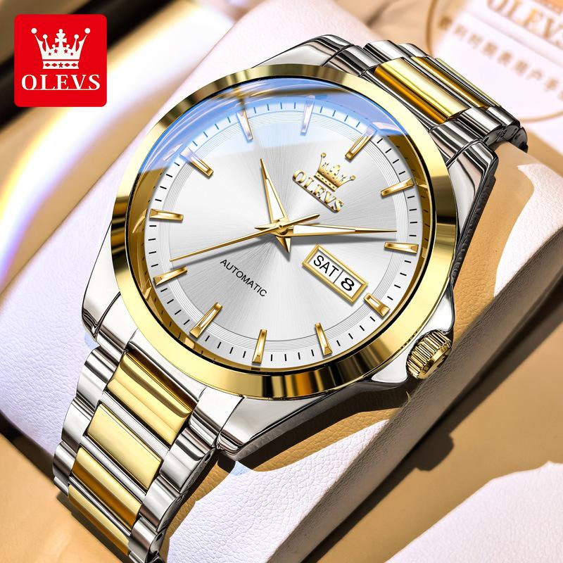 Мужские автоматические механические часы OLEVS - День/Дата, Водонепроницаемые, Светящиеся, Стальной браслет