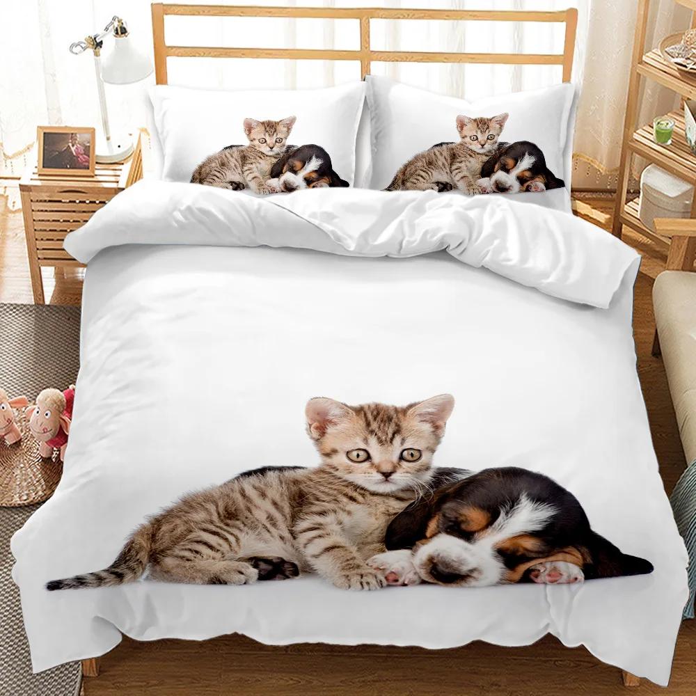 Cat Duvet Cover Cats and Dogs Play Christmas Animal Pet Bedding Set for Kids Teens Double Queen King Size Polyester Qulit Cover