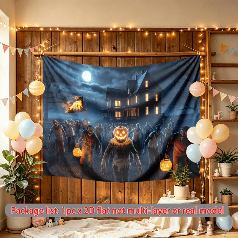 House Wall Hanging Pumpkin Halloween Party Decor Backdrop, Polyester Banner for Photo Props & Wall Hanging
