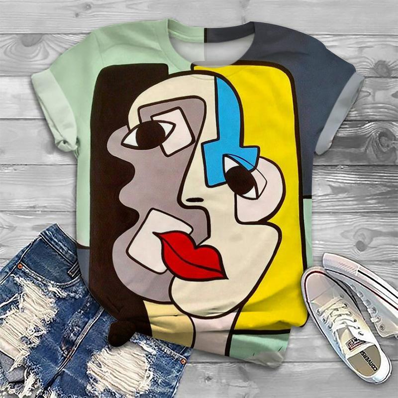 Summer Abstract Face 3D Print T-shirt Women Short Sleeve T Shirts Harajuku Streetwear Tees Oversized Y2k Tops Woman Clothing