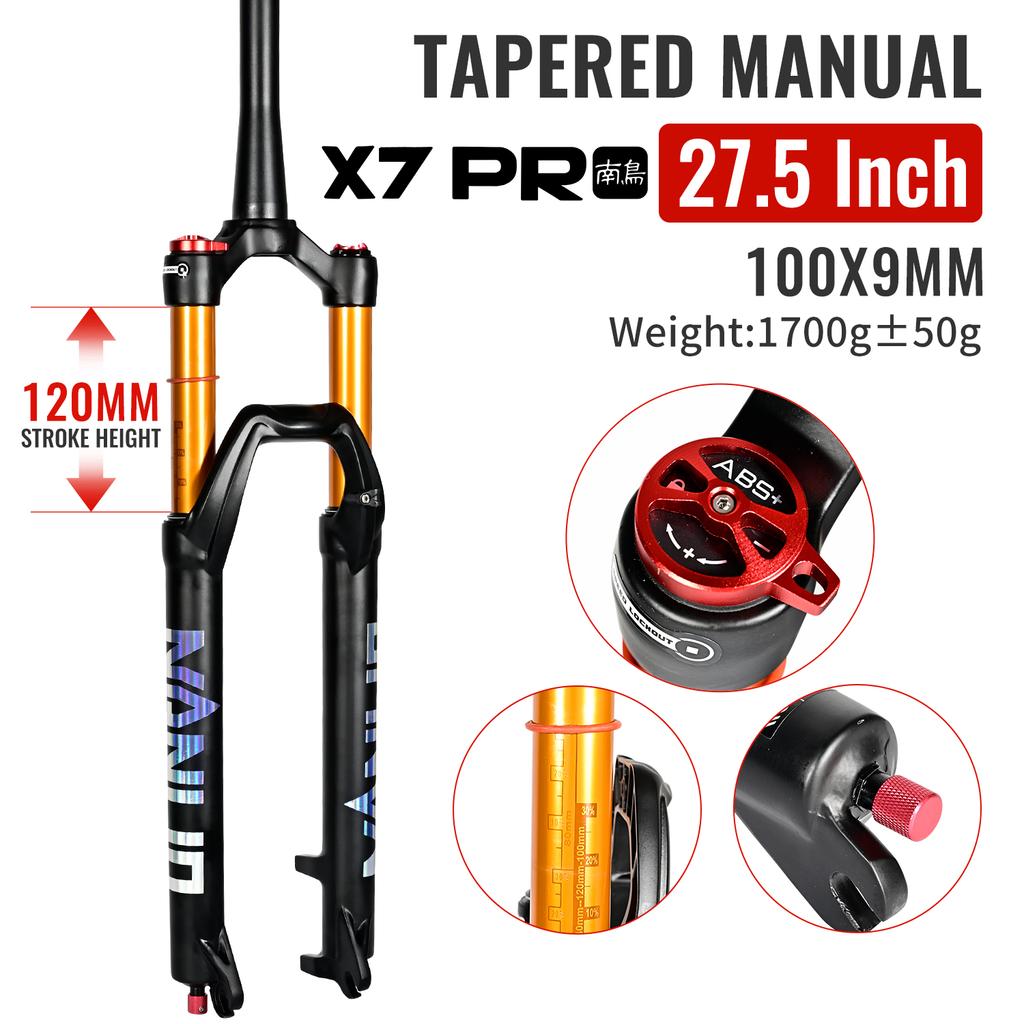 NANLIO X7 PRO Пружинно-воздушная вилка для горного велосипеда 26 27.5 29 дюймов Ход 120 140 мм Регулировка отскока Металлические втулки Черно-золотая вилка для велосипеда