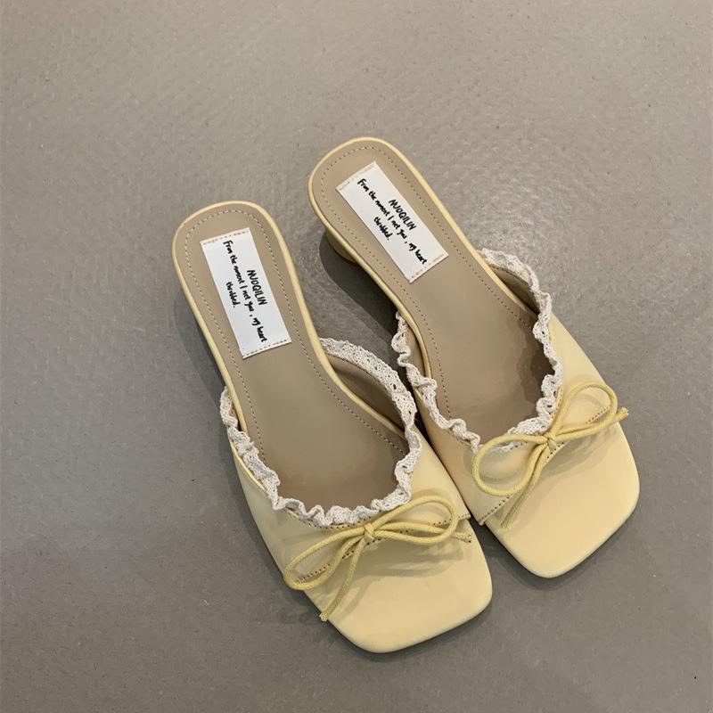 Butterfly-knot Lace Women Slippers Summer Casual Thick Low Heel Sweet Students Street Style Slides Ladies Sandals