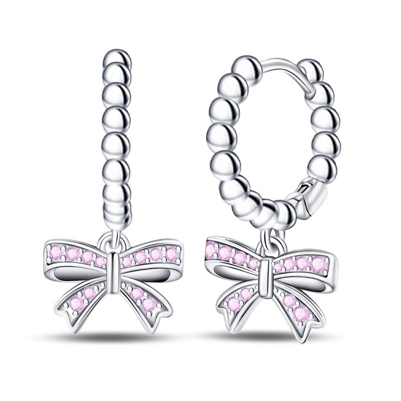Новые медные серьги-пусеты в виде розовых бантиков с блестками и серьги-кольца с подвесками-паве для девочки, милые романтические украшения в подарок