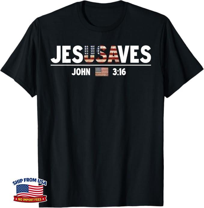 Jesus Saves JesUSAves USA American Flag Patriotic Christian T-Shirt
