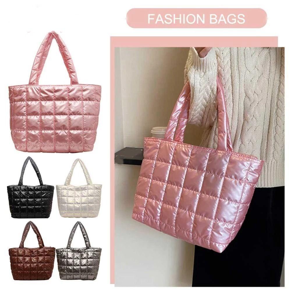 Korean Style Down Cotton Shoulder Bag Checkered Nylon Handbag Simple Puffy Bag Girls