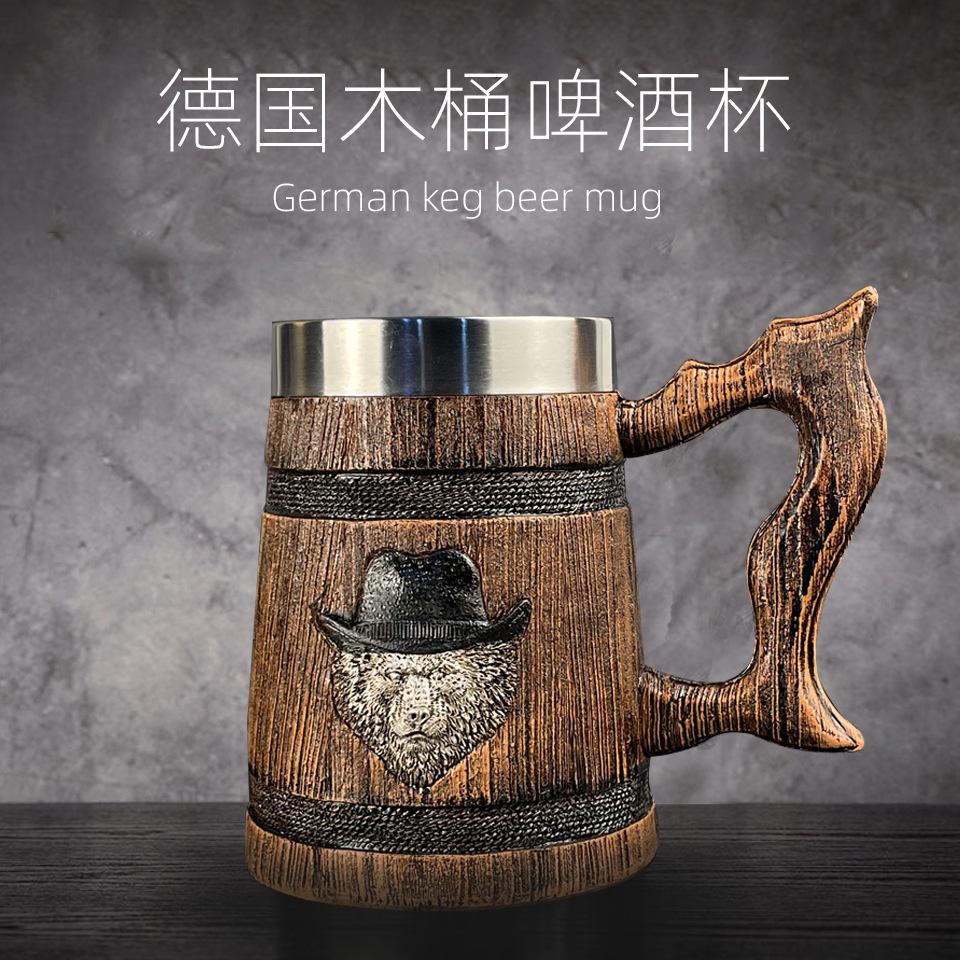 580ml Lion Tiger Wooden Barrel Drinking Cup 3D Stainless Steel Mug Resin Beer Stein Tankard Coffee Tea Cup Halloween Gift Bar