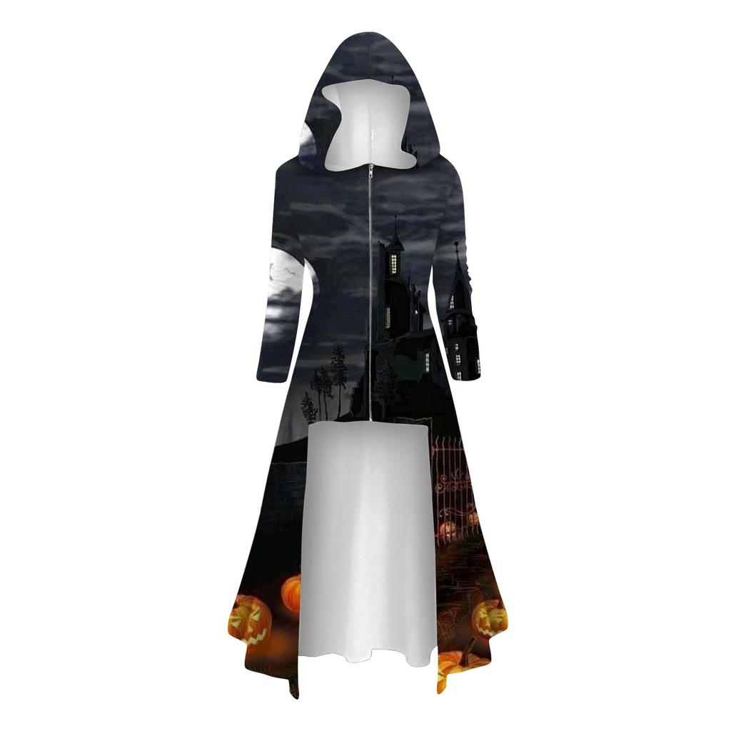 Модные женские топы на Хэллоуин с длинными рукавами и длинными капюшонами, винтажные накидки на молнии, свободные платья