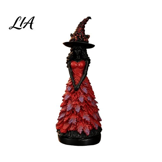 Indoor Holiday Table Decor Autumn Witch Statue, Resin Figurine with Maple Leaf Dress, Forest Theme Decorations Fall Harvest Halloween Tabletop
