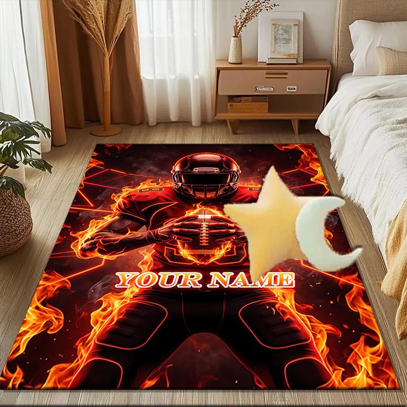 1PC Custom Name Flaming Football Player Theme Floor Mat Ideal for Living Room, Game Rooms, Office, Bedroom,Floor Mat Playful Design
