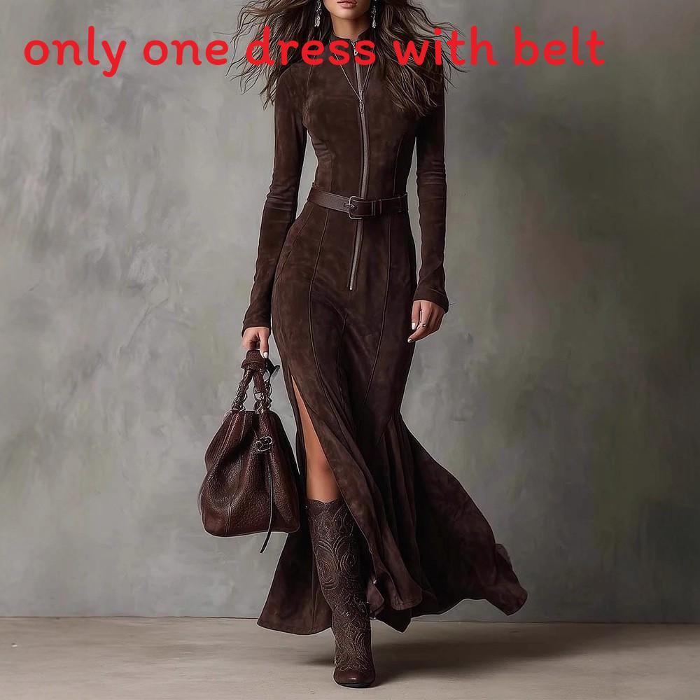 Elegant Sweater Dress With Zipper Collar For Casual Autumn Wear