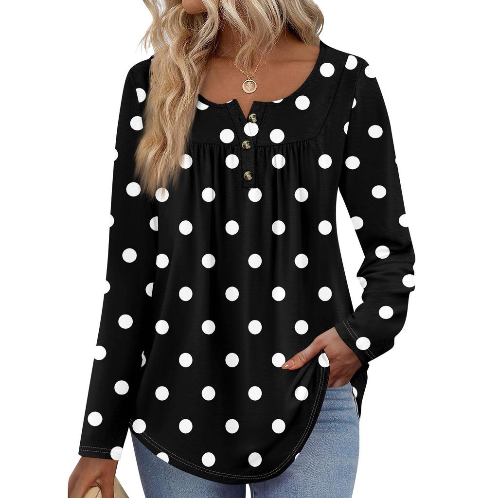 Женская туника с длинным рукавом, свободные топы, повседневные топы оверсайз, плиссированная туника, застегивающаяся на пуговицы, повседневные женские топы с принтом