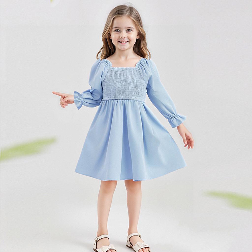 Девичье модное милое однотонное платье с квадратным вырезом, рукавами-рюшами, завышенной талией, кружевной отделкой и полной юбкой