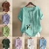 Women's Fashion Round Neck Short Sleeve T-shirt Casual Cotton Linen Graphic Shirt Bird Prined Summer Blouse Tops Plus Size
