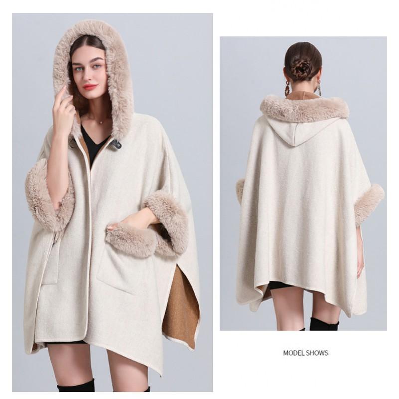 879 Fall Winter Faux Rabbit Fur Hooded Cape Cardigan Loose Plus Size Coat With Pockets