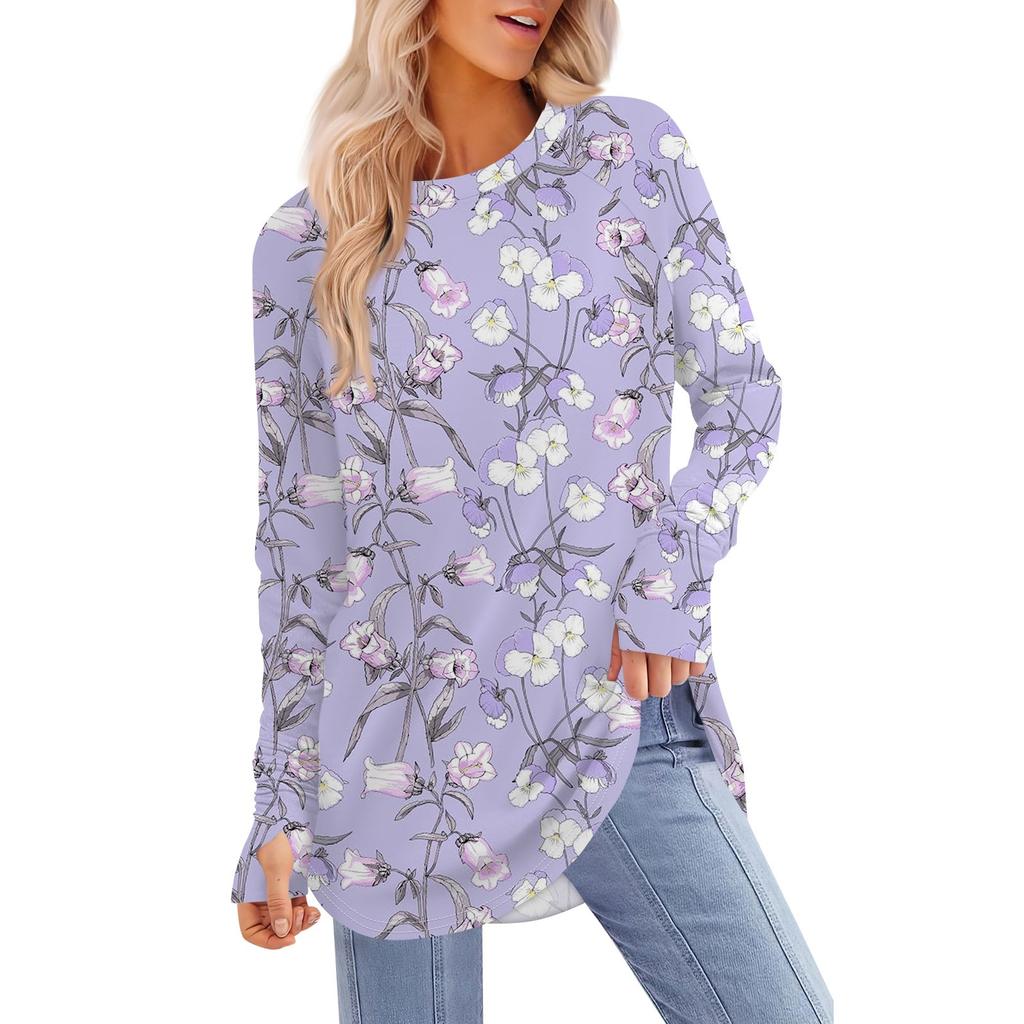 Женская футболка с принтом, круглым вырезом, свободная, с длинным рукавом, средней длины, с отсутствующим большим пальцем