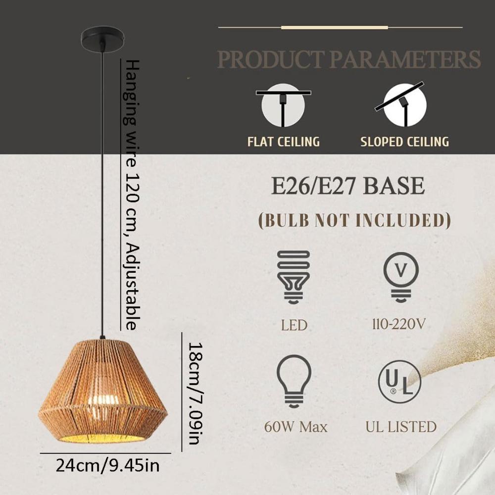 JOYINLED Pendant Light Retro Hemp Rope Pendant Lamp for Living Room Bedroom Restaurant Japanese Rattan Wood Woven Lamp