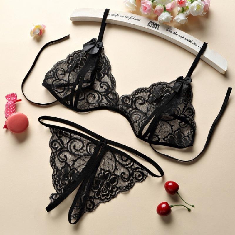 Sexy Underwear Women's Open Three-point Sexy Lace Transparent Open Panties Bra Strap Backless Temptation
