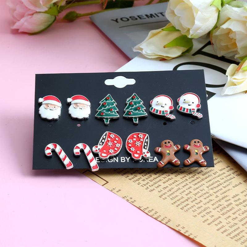Christmas Earrings Santa Tree Snowman Rod Hat Cookie Man Christmas Stud Earrings Set Ornament