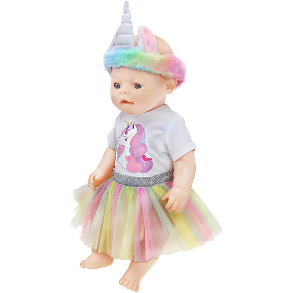 Одежда для новорожденных куколок, комбинезон с рисунком единорога, юбка и повязка на голову для кукол 18 дюймов. (40-45cm) Набор из 3 шт.