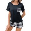 Wind French Two-Piece Loungewear Pullover Short-Sleeved Plaid Pocket Plaid Shorts Set Pajamas Women