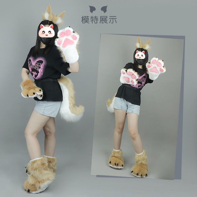 Plush Fox Ear Headband Tail Set Anime Cosplay Costume - Handmade Kitsune Accessories In Pink White Light Camel