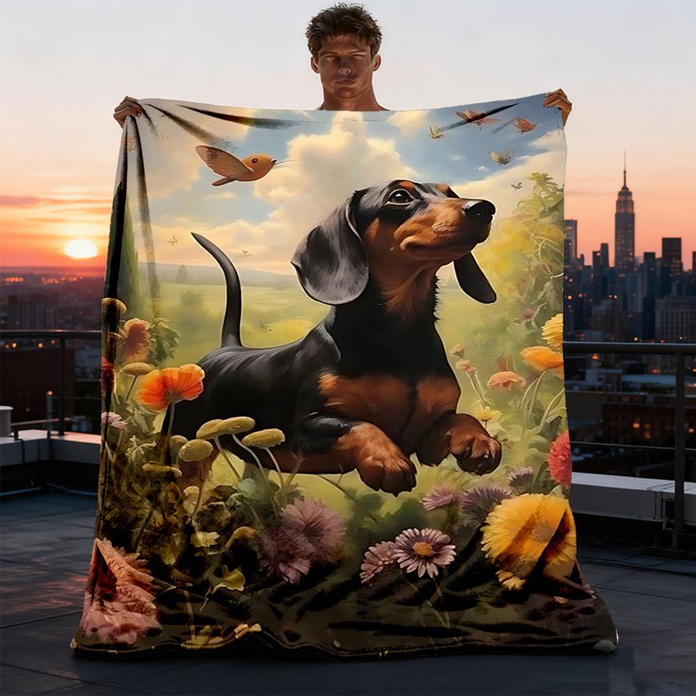 1pc Dachshund, Flower Field Print Outdoor Blanket, Lightweight Polyester,